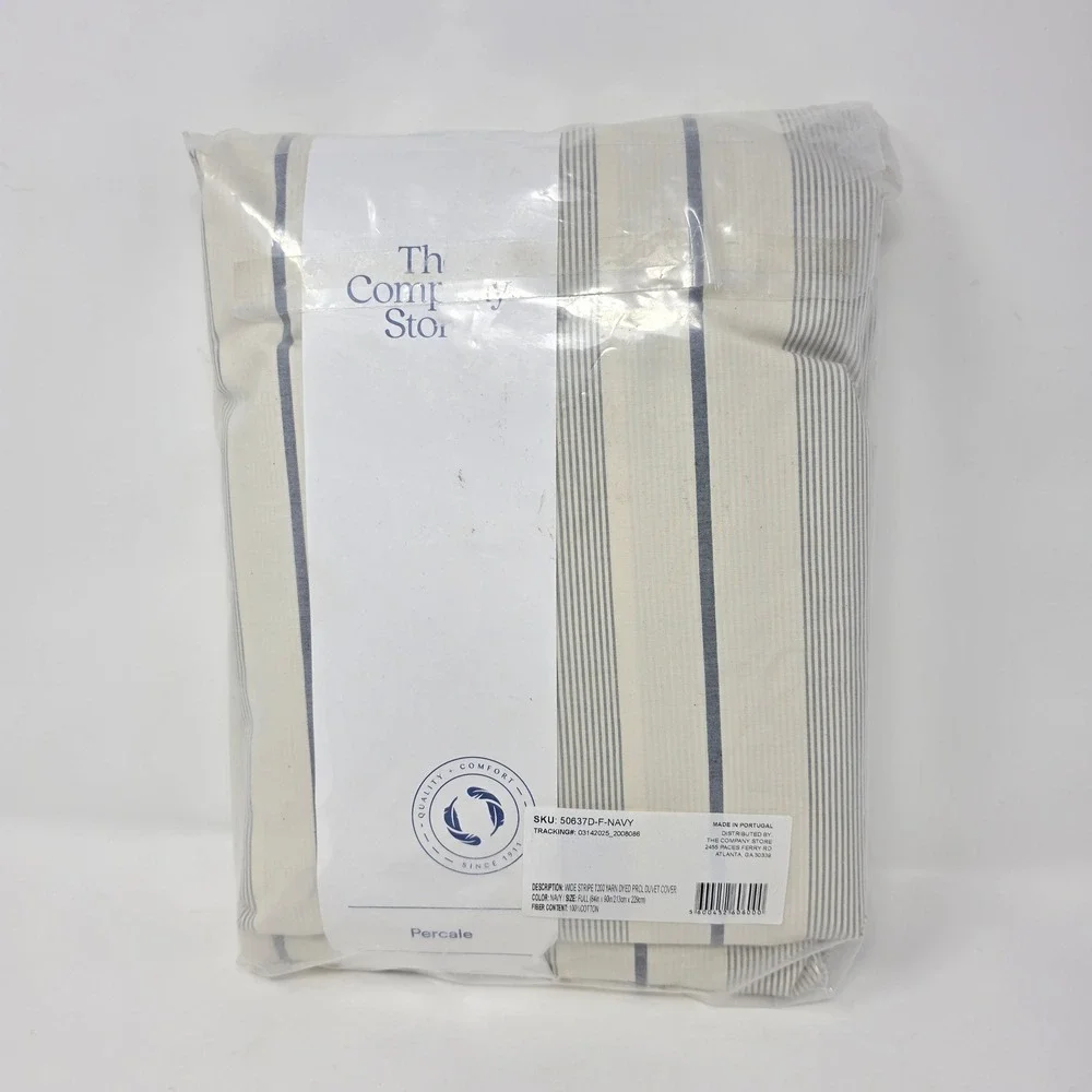 The Company Store Wide Stripe T200 Yarn Dyed Percale Duvet Cover Navy Full NEW